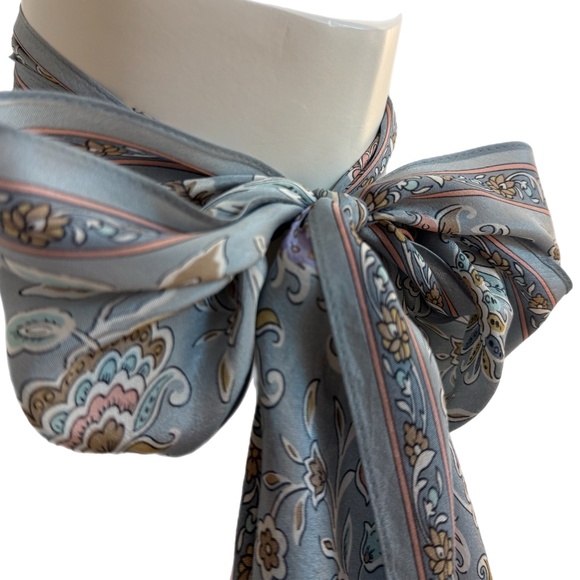 Liz Claiborne Japan 100% Silk Scarf 🇯🇵 – Dusty Blue Paisley Floral - Picture 3 of 11